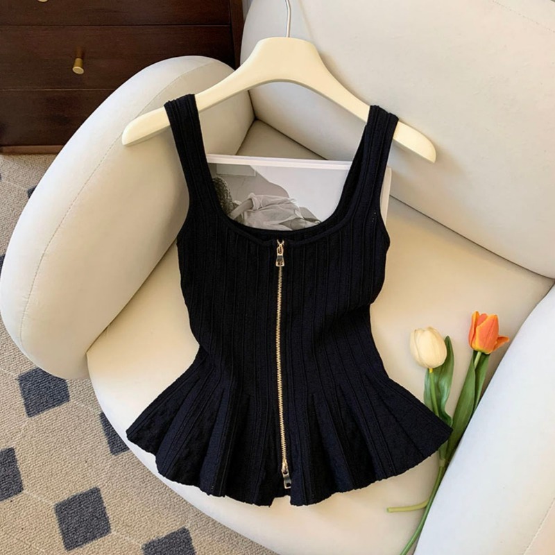 Nouveau débardeur noir sans manches en maille tricotée, style coréen, polyvalent, coupe ajustée, avec fermeture éclair, pour femme, été 2026