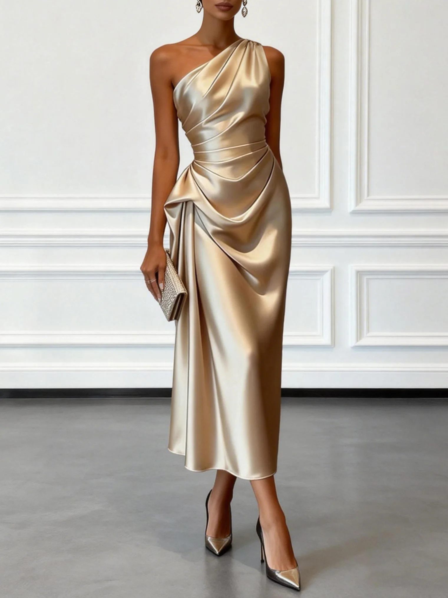 Robe midi élégante à une épaule en satin plissé pour soirée formelle ou cocktail