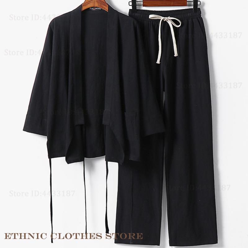 Grande taille 3XL-9XL hommes japonais Kimono Cardigan pantalon ensemble Harajuku samouraï Costume coton lin Kimono Haori Yukata veste ample