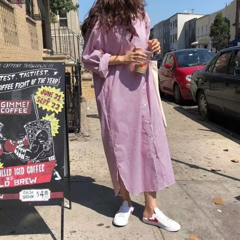 Robe chemise décontractée à manches longues pour femme, style vintage rayé, coupe ample, mode printemps-été