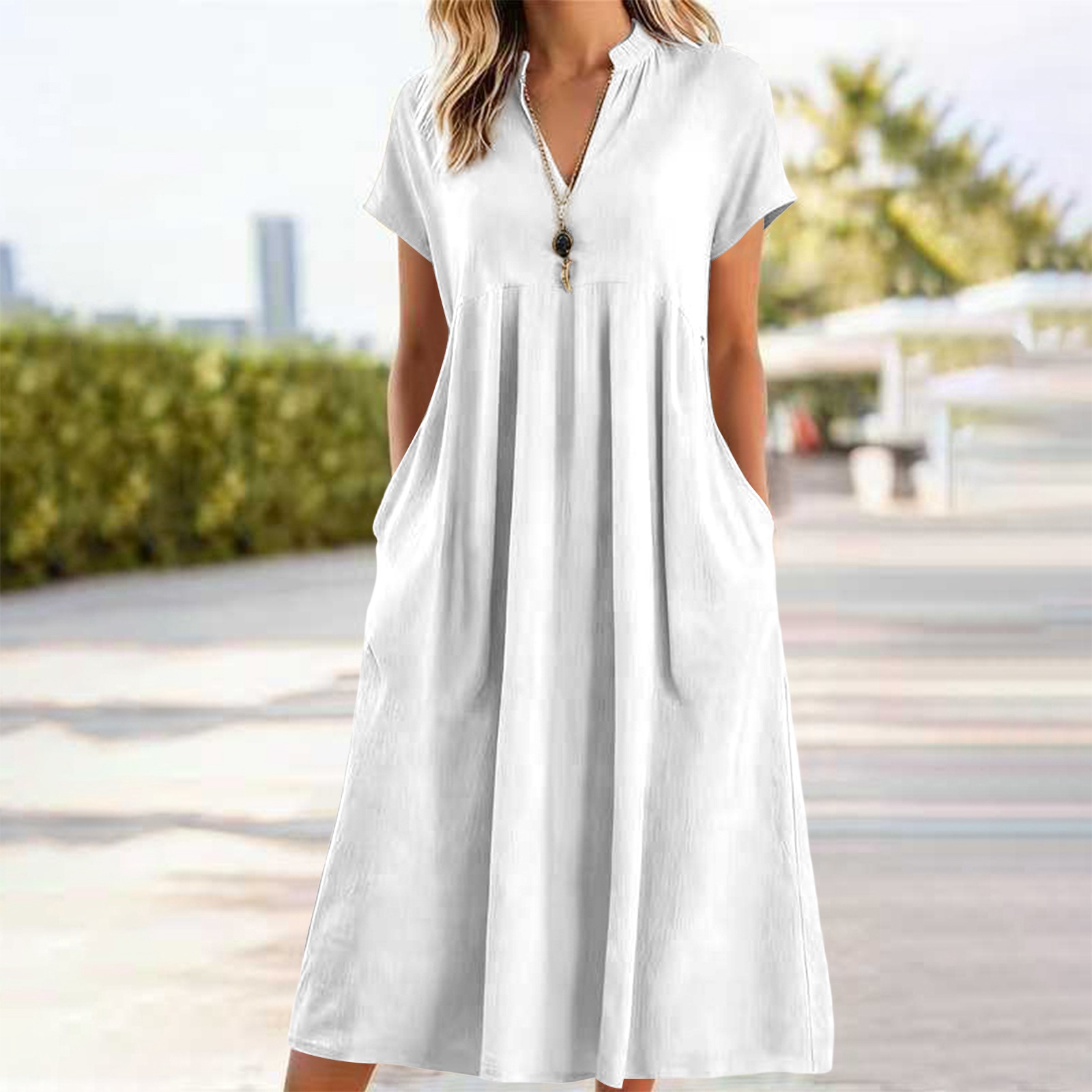 Robe midi en coton et lin pour femme, col en V ample, manches courtes, coupe trapèze, unie, décontractée, robe d'été pour la plage avec poches