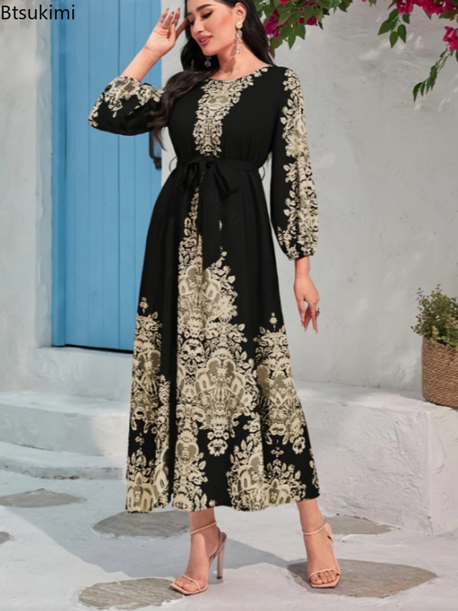 Robe longue imprimée pour femme, Abaya musulmane, Jalabiya de fête, Kaftan élégant, Robe longue arabe, Caftan marocain, Robe de soirée pour l'Aïd et le Ramadan
