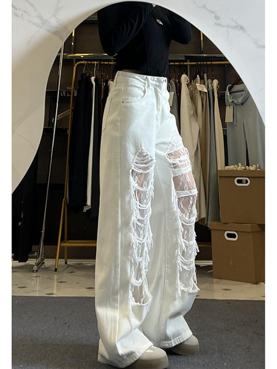 Jean blanc en détresse pour femmes, nouveau Design d'été, Slim, taille haute, jambes larges, avec frange en dentelle, 2025