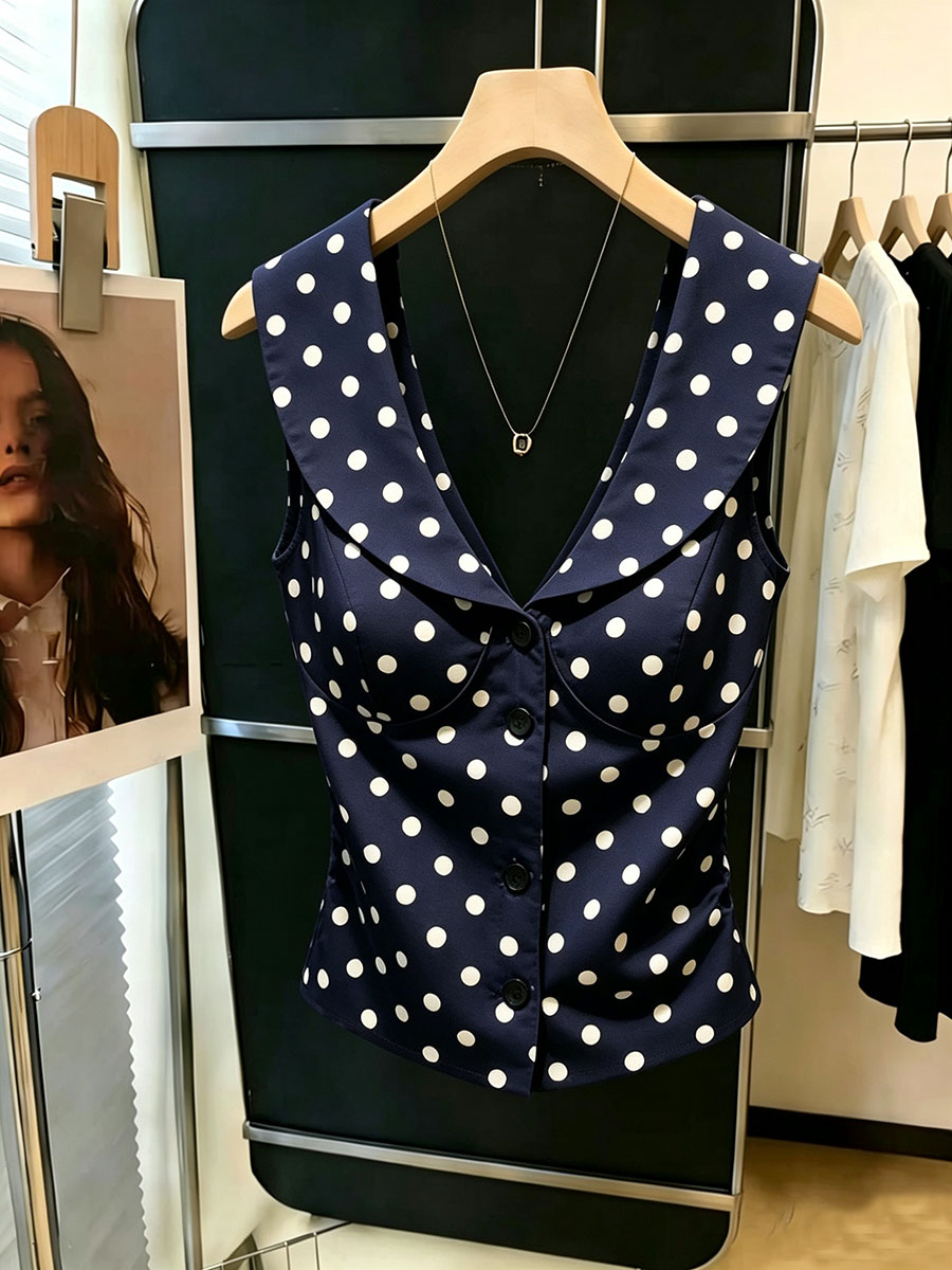 Débardeur Femme Vintage à Pois Col V Sans Manches Boutonné Coupe Slim Bleu Marine Tenue Décontractée d'Été Streetwear