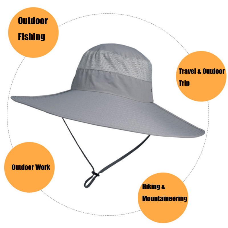 Chapeau de soleil pour homme à très large bord de 15 cm, UPF50+, pour grandes têtes (60-62 cm), imperméable, respirant, en maille, coupe-vent, avec sangle de menton, pour la pêche en extérieur