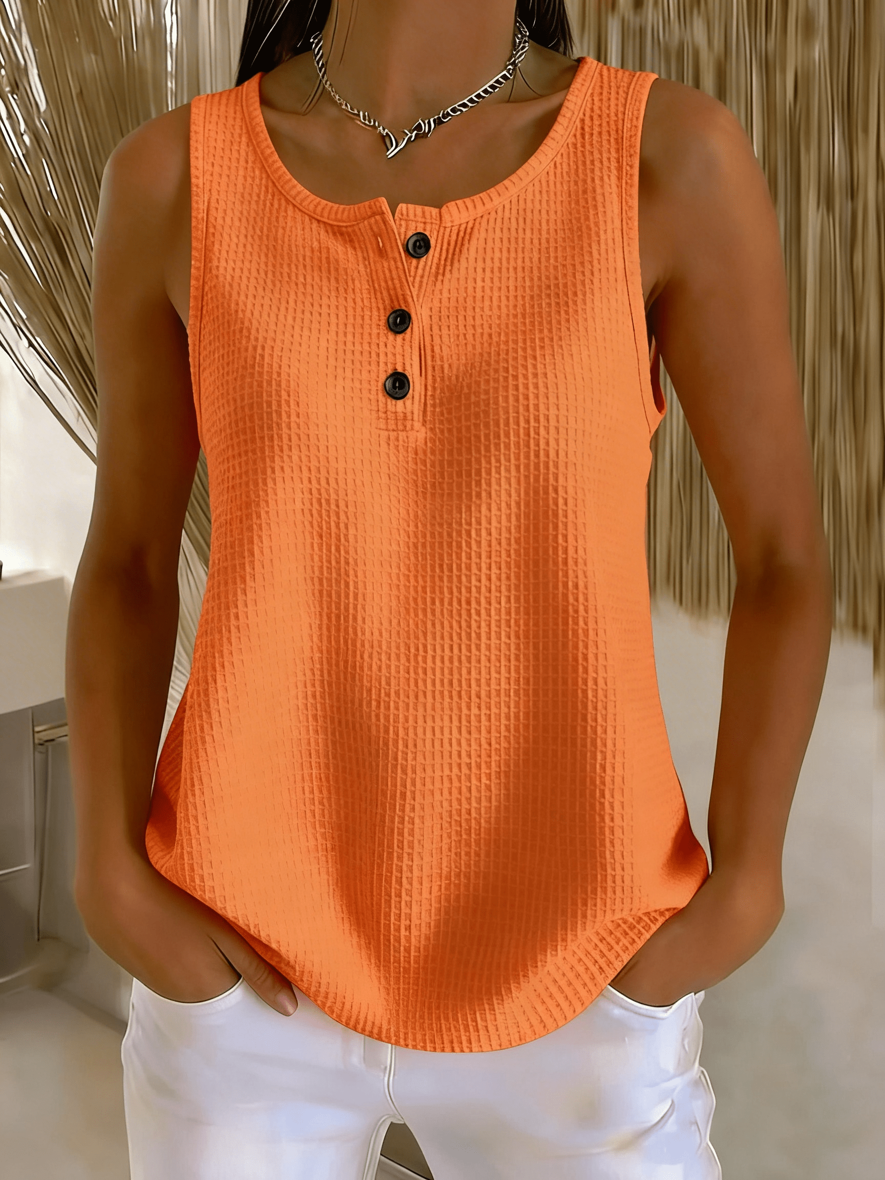 Débardeur Henley sans manches en tricot gaufré élastique uni pour femme grande taille, coupe ample, décontracté, basique, pour l'été et le quotidien
