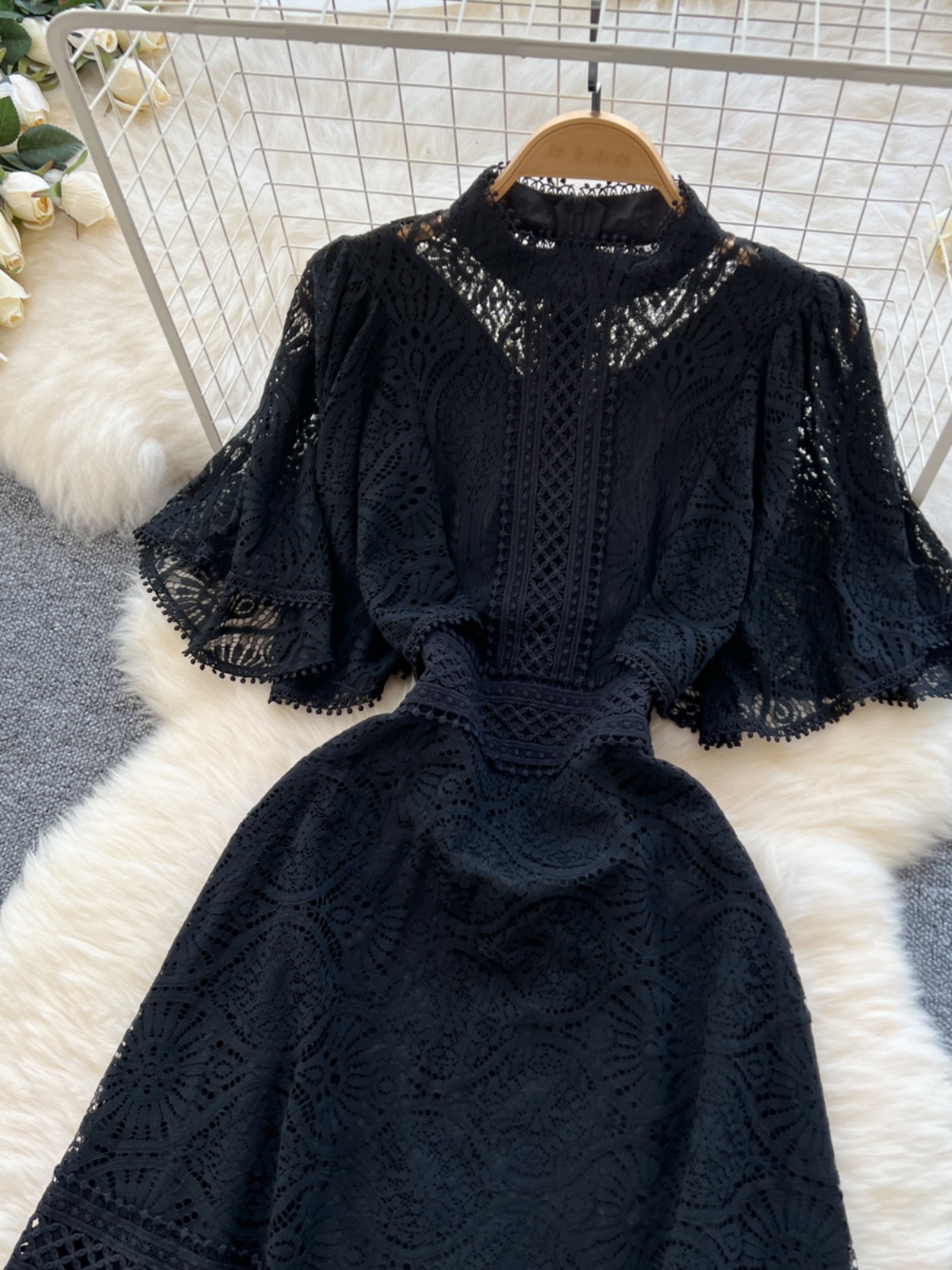Femmes Vintage Robe noire été creux broderie taille haute dentelle robes de soirée dames solide casual élégant longue Robe