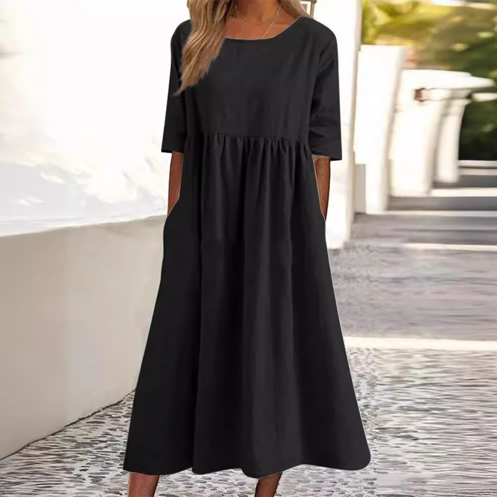 Robes pour femmes 2026 : Nouvelle robe décontractée en coton et lin à manches courtes, plissée, ample, col rond, avec poches – Vêtements féminins