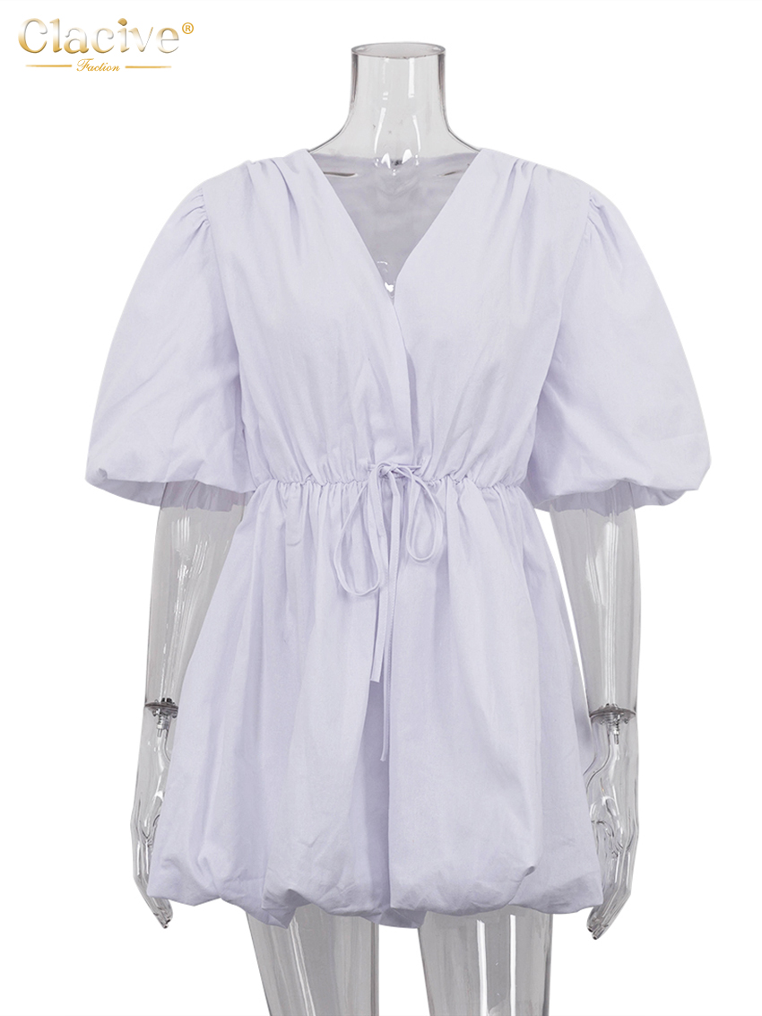 ClacMarkets-Mini robe décontractée en coton blanc pour femme, col en V, manches courtes, élégante, classique, taille haute, été