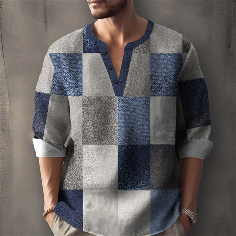 Chemise à manches longues pour homme pour les vacances d'été, avec un imprimé géométrique bicolore et un col Henley ; Chemise élégante pour homme.