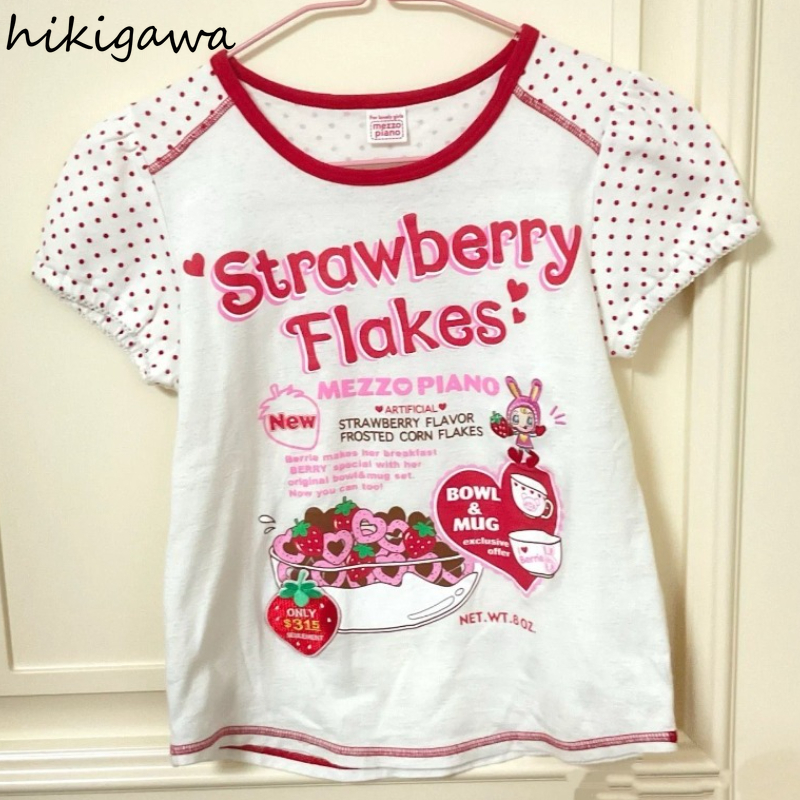 Vêtements pour femmes t-shirts japonais doux à pois à manches courtes col rond t-shirts 2025 Ropa Mujer Chic fraise été mignon t-shirt