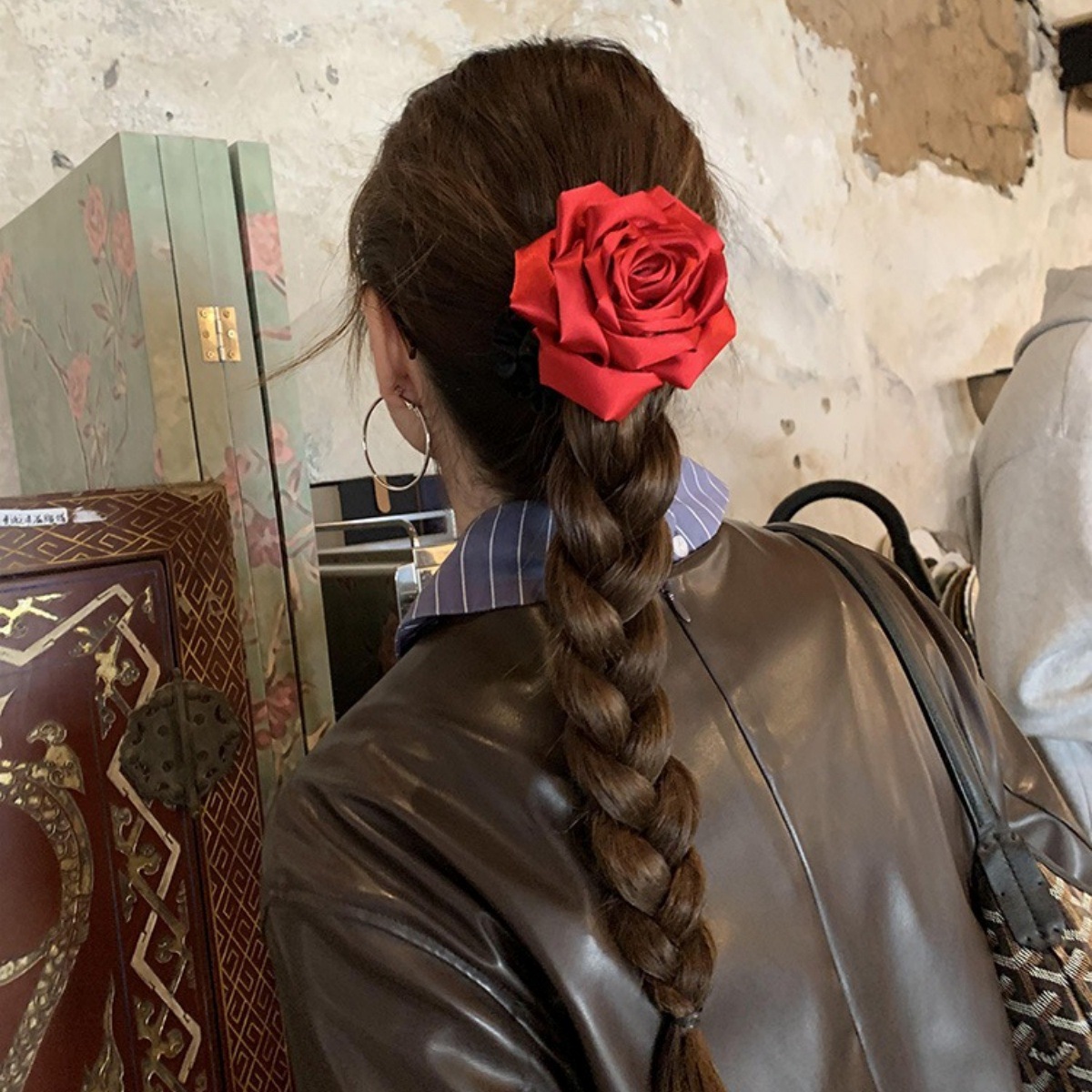 Chouchous en Satin rétro français Rose rouge, chouchous surdimensionnés à haute élasticité, bandes de fleurs, accessoires pour cheveux pour femmes et filles