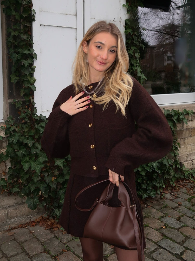 HH femmes jupe costume mode col rond tricoté à manches longues simple boutonnage poche Cardigan + taille élastique mince Mini jupe 3 couleurs