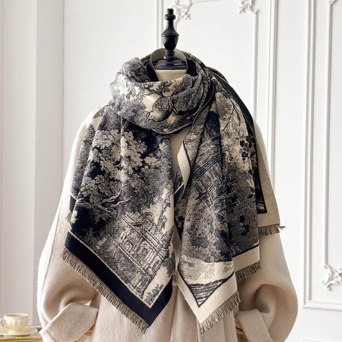 Élégant Style rétro femmes Double face paysage imprimé cachemire écharpe hiver chaud Pashmina châle Foulard Poncho