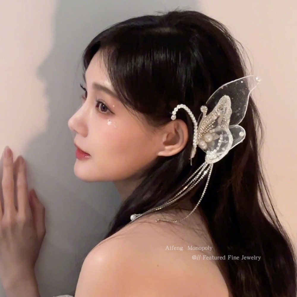 Pince à cheveux de mode haut de gamme, pince à cheveux féerique à pompon de perles, serre-tête ailes de papillon, accessoire de cheveux petite fée