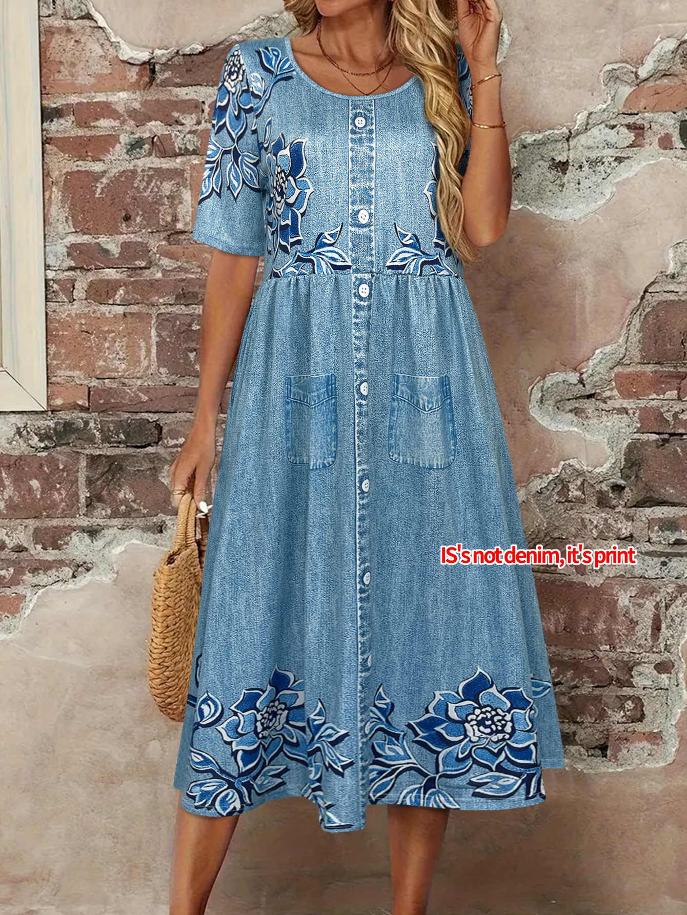 Robe midi en faux denim à imprimé floral pour femme, robe d'été décontractée à imprimé, boutonnée sur le devant, avec poche, manches courtes, style bohème