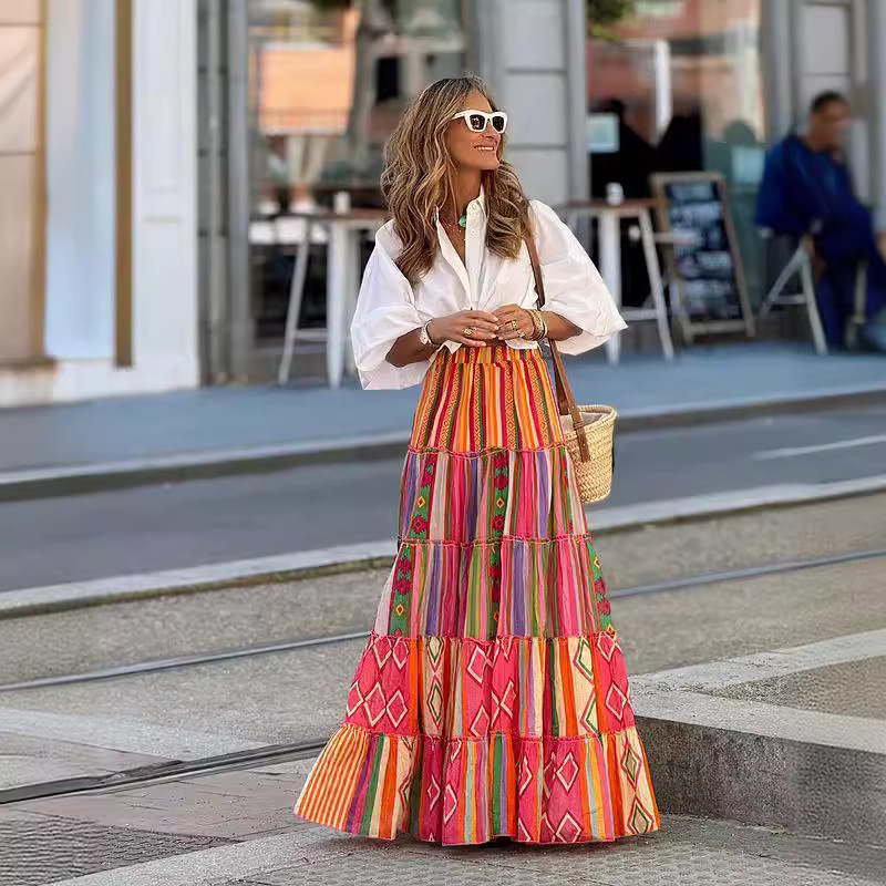 Jupe imprimée style Boho, élégante, taille élastique, ligne a, à volants, grand ourlet, vêtements de plage, vacances, jupe longue ample pour femmes