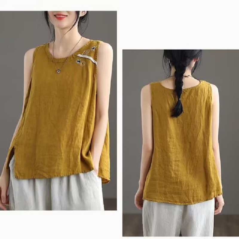 Haut brodé de gilet en coton et lin pour femme