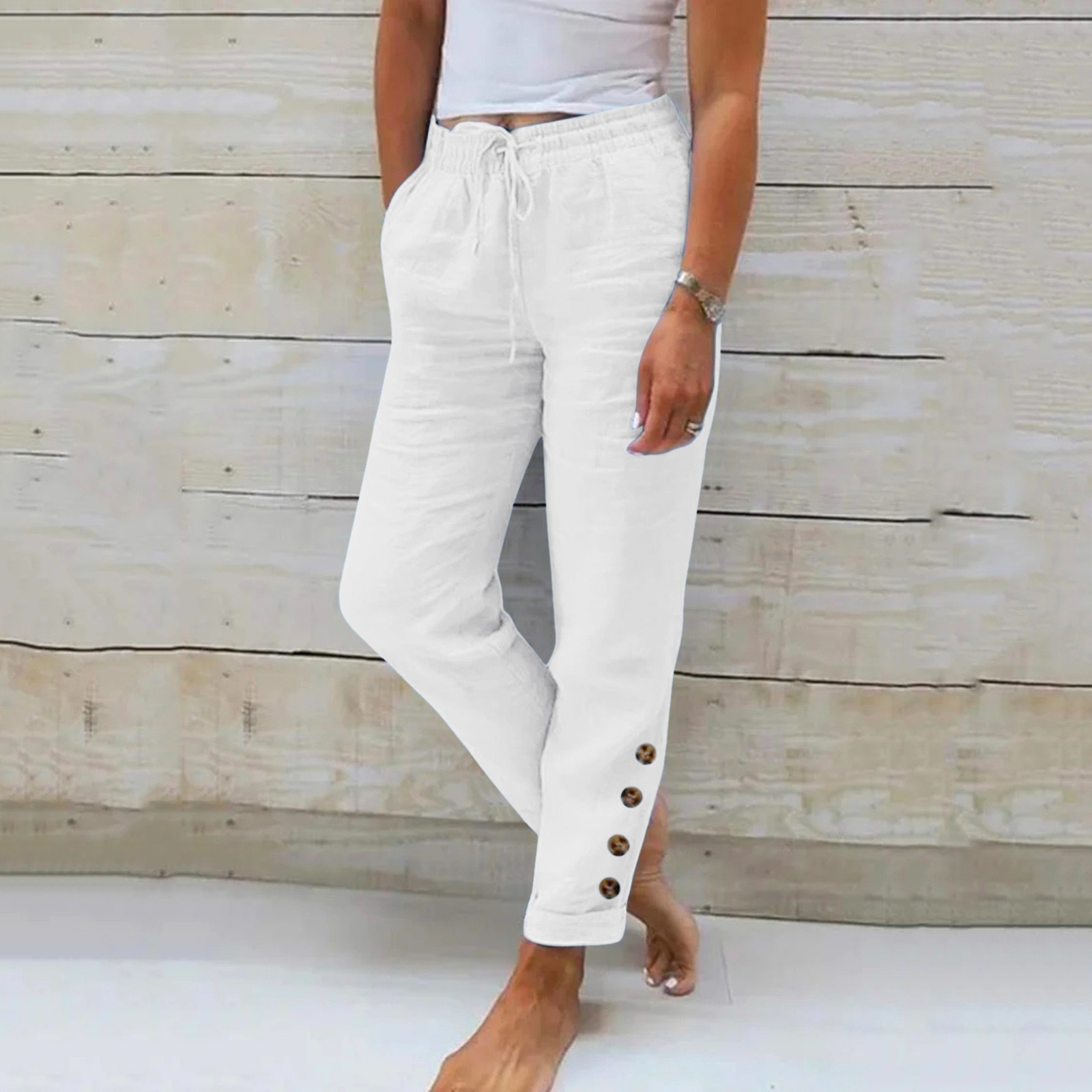 Pantalon décontracté en lin pour femmes, avec taille élastique, couleur unie, ample, Long, à bretelles, combinaison à jambes larges