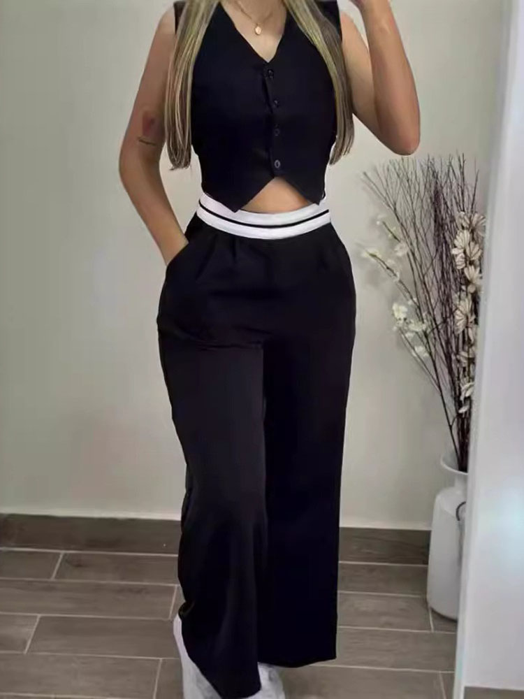 Ensemble 2 pièces noir sexy pour femmes, mode filles chaudes, documents d'abonnés, gilet à col en V, jambes larges, fjCasual