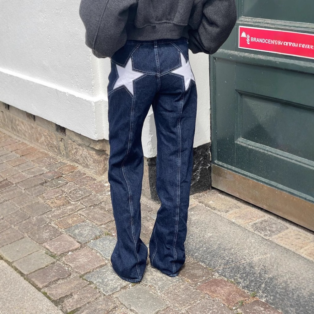 Jeans pour femmes 2025, imprimé étoiles, pantalon droit, taille haute, délavé, poches, longueur au sol, streetwear, denim