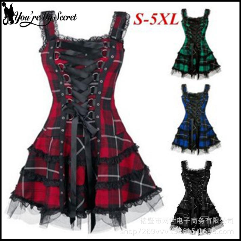 Robe Vintage Femme Sexy Mini-Robe Rétro à Carreaux Robe Gothique Sexy en Dentelle Robe d'Été Punk Vêtement Printanier