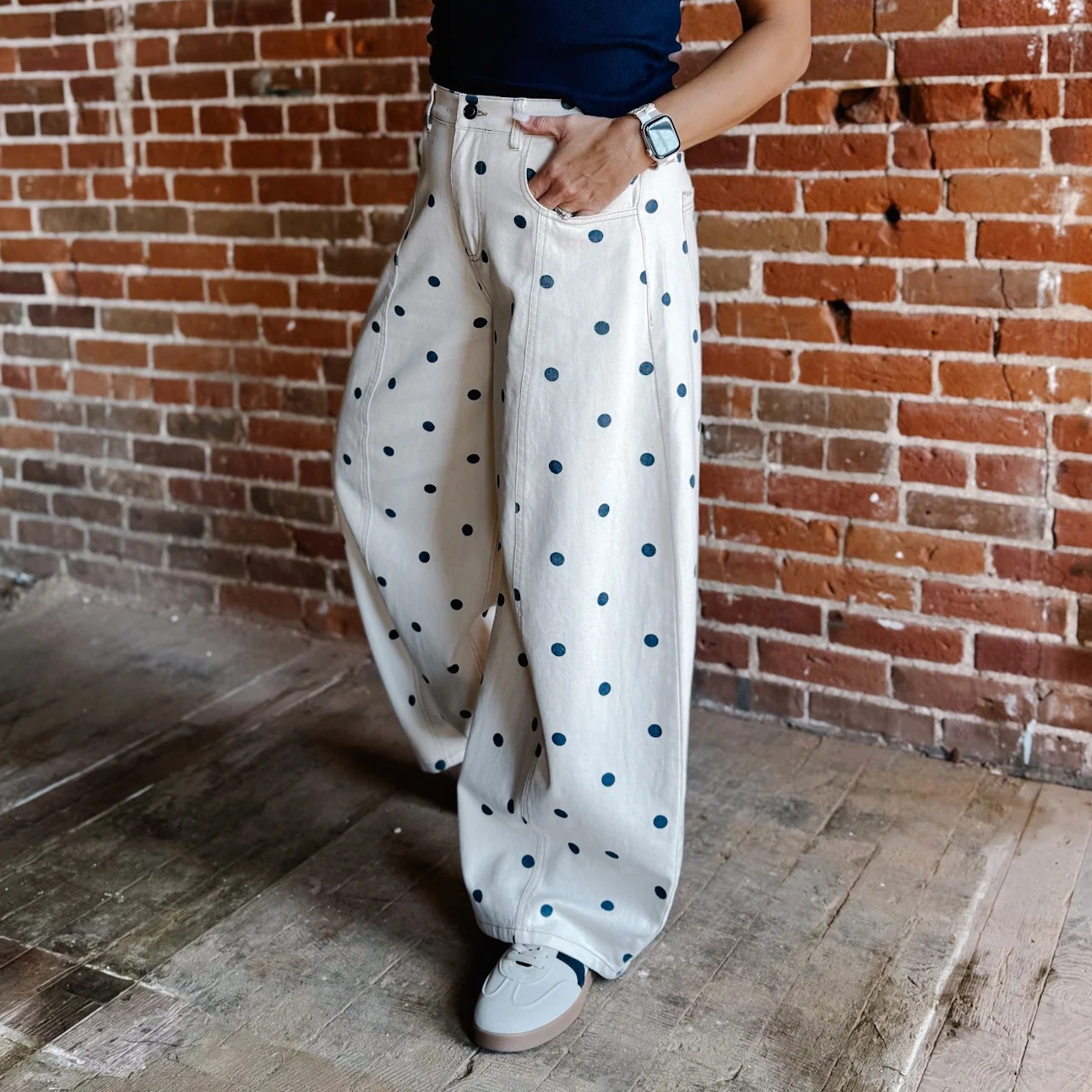 Pantalons en jean ample à imprimé à pois pour femmes tendance, pantalon en denim décontracté pour le printemps, pantalon large tendance