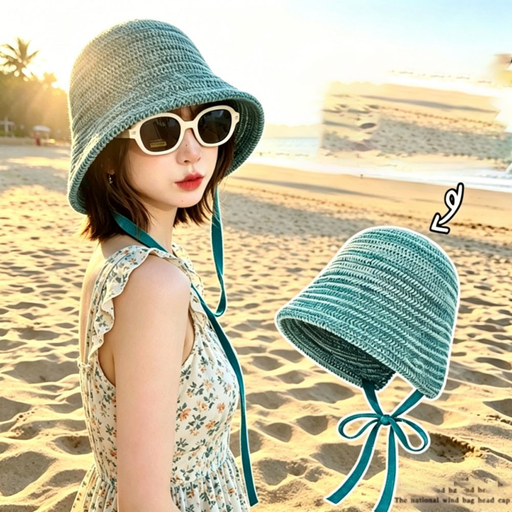 Chapeau Bob Tricoté Style Ethnique pour Femme, Chapeau de Pêcheur Respirant Creux pour l'Été, Grande Circonférence de Tête, Protection Solaire Extérieure