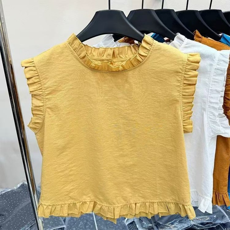 Chemise sans manches en dentelle épissée pour femmes, nouveau Style coréen, mode polyvalente, col rond, haut ample de couleur unie, 2025