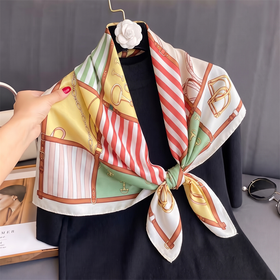 Foulard imprimé chaîne pour femme, 90 cm, en satin de soie, écharpe de tête, foulard carré, bandana pour femme