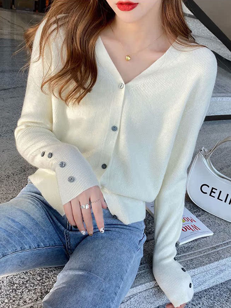 2025 automne et hiver pull décontracté col en V femmes mode coréenne hauts à manches longues solide basique tricoté Cardigan femme