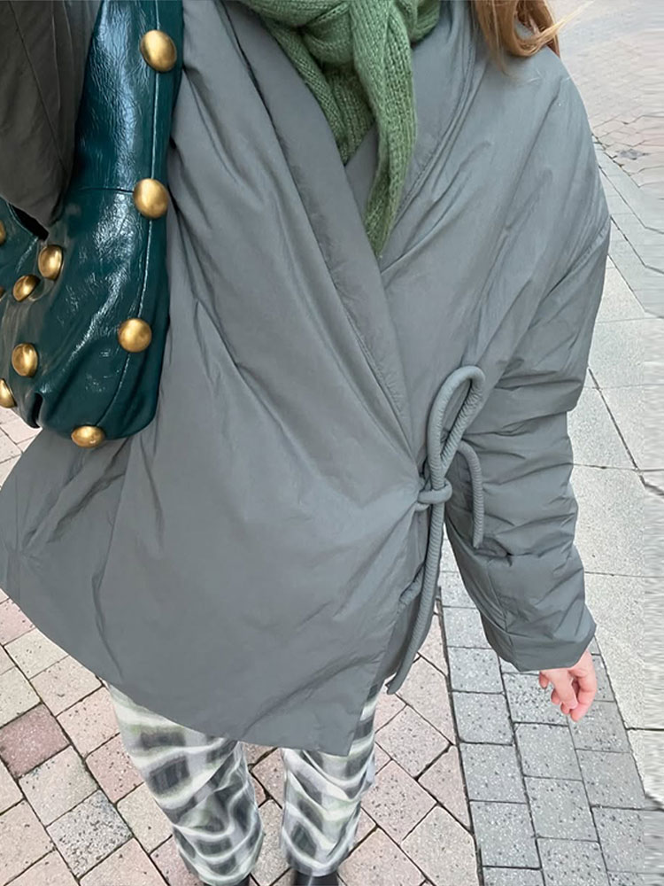 Manteau en coton à lacets gris décontracté pour femmes, col en V, poche de luxe, vestes optiques, rue chic féminine, vêtements d'extérieur assortis, automne, 2024