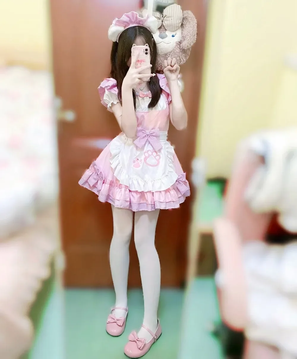 Nouveau Costume de Fille Chat pour Femme, Costume de Cosplay de Soubrette Japonaise Mignonne, Robe Lolita Chat Classique Rose, Noir et Blanc
