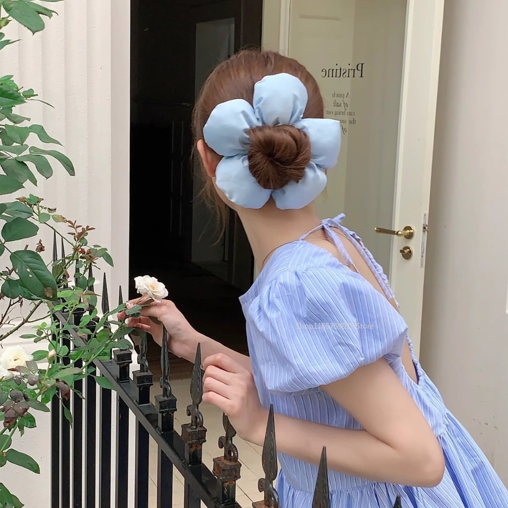 Grande élastique à cheveux en satin à motif floral pour femmes, style coréen, pour les vacances, accessoires de coiffure volumineux