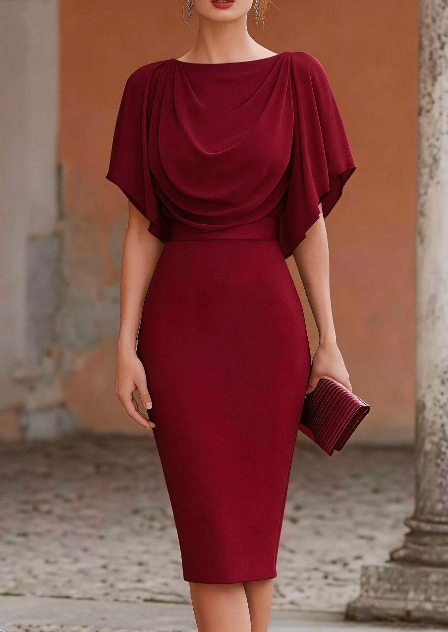 Robe midi à manches courtes pour femme, col bénitier, haut drapé style cape, jupe moulante, élégante pour soirée, cocktail ou occasion spéciale