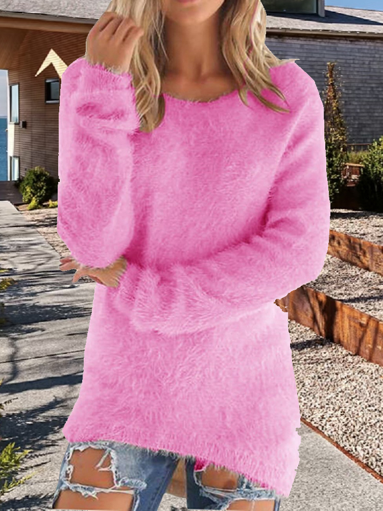 Chandails pour femmes confortable à manches longues col rond décontracté couleur unie Vintage tricoté femme élégant hiver pull chaud chandails