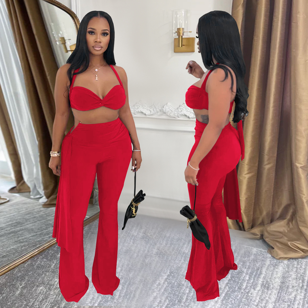 Tenues Sexy pour femmes, haut court torsadé sur le devant et bretelles longues, pantalons à jambes larges, ensembles de survêtements froncés en métal, salopette de nuit Chic