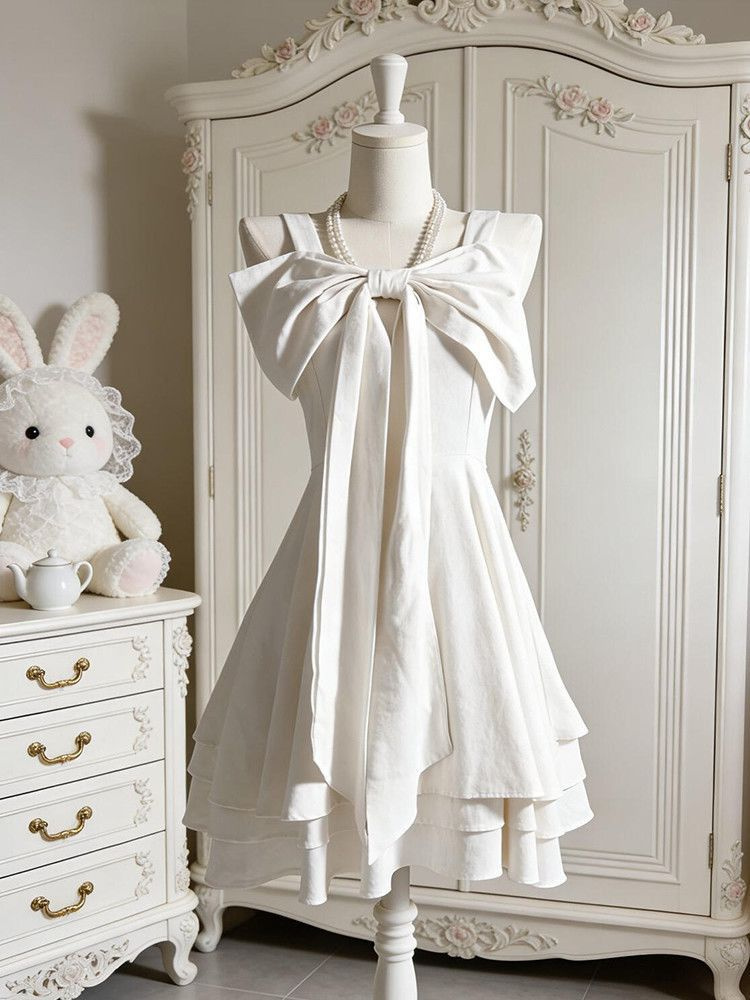 Robe à bretelles de style français pour femme, élégante, blanche, avec nœuds décoratifs, volants superposés, mini-robe mignonne et tendance, style vintage streetwear