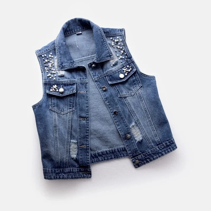 Gilet en jean pour femmes, nouveau Style de lavage, déchiré, broderie, veste sans manches, effet amincissant polyvalent, printemps été 2025