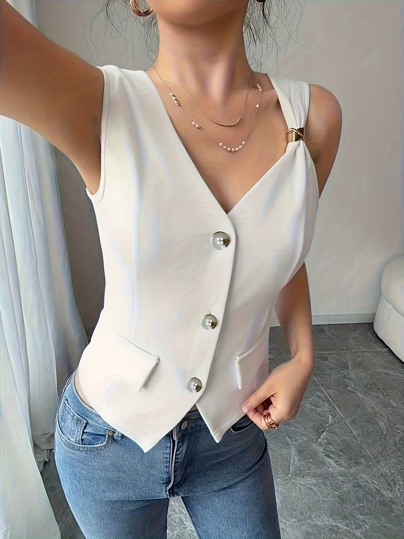 Gilet de mode pour femmes, de qualité supérieure, uni, style professionnel pour les trajets quotidiens, ouverture sur le devant, imitation poche, veste sans manches