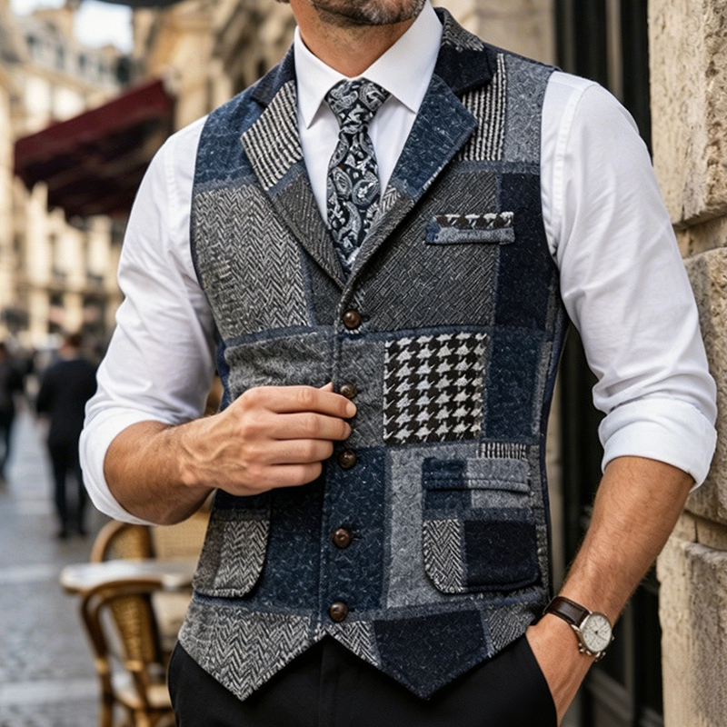 Débardeurs patchwork décontractés pour hommes, style vintage, à col en V et couleurs contrastées, pour l'automne-hiver 2026, gilets sans manches pour l'extérieur.