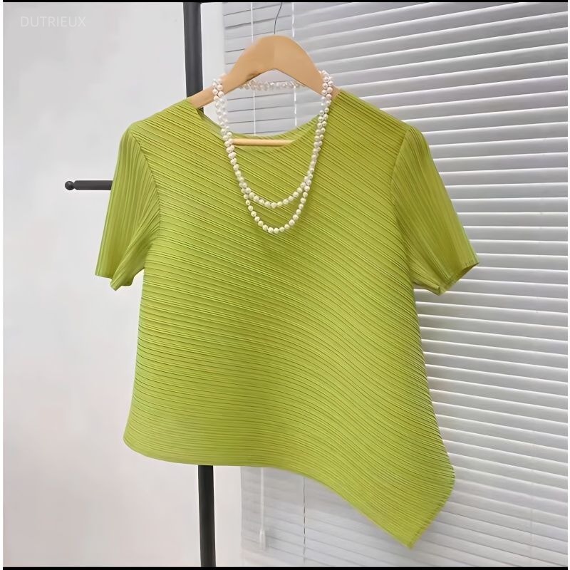 Chemisier d'été pour femme, manches courtes, col rond, plissé, style coréen vintage, couleur unie, coupe ample, Blusas Mujer De Moda 2026
