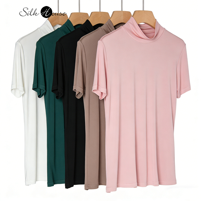 Nouveau T-shirt polyvalent à manches courtes et col semi-montant en soie de mûrier naturelle (25 %) tricoté pour femme, collection Printemps/Été 2026