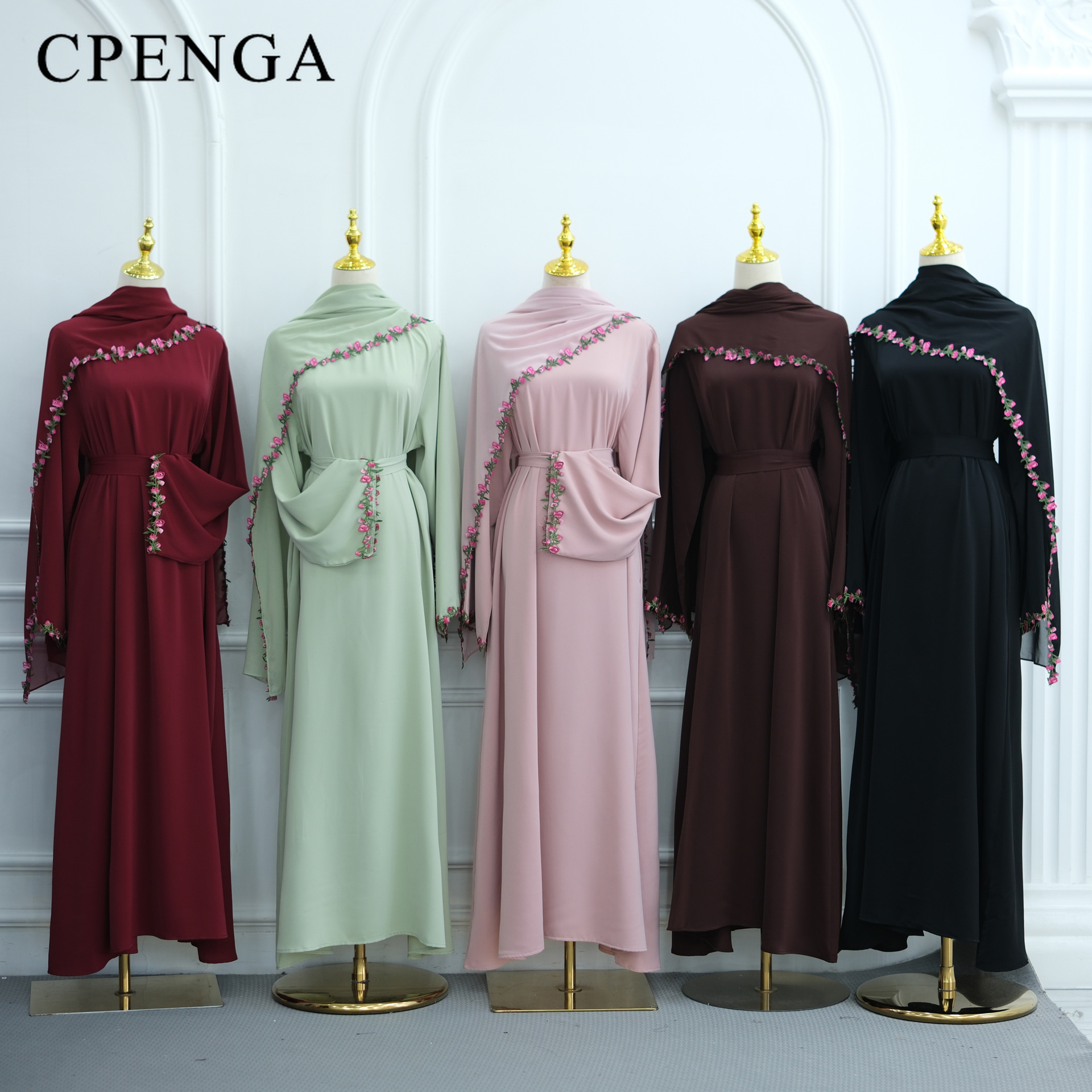 Abaya de luxe de Dubaï avec garniture florale rose et hijab, vêtements islamiques élégants et modestes en Nida pour l'Aïd 2026, nouveau caftan de fête turc pour femme