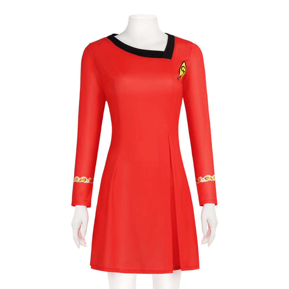 Costume de Cosplay de Star de Cinéma, Uniforme de Crew de Science-Fiction Rouge et Bleu pour Femme, Tenue de Capitaine TOS de Star Trek, Déguisement pour Halloween et Fêtes Costumées