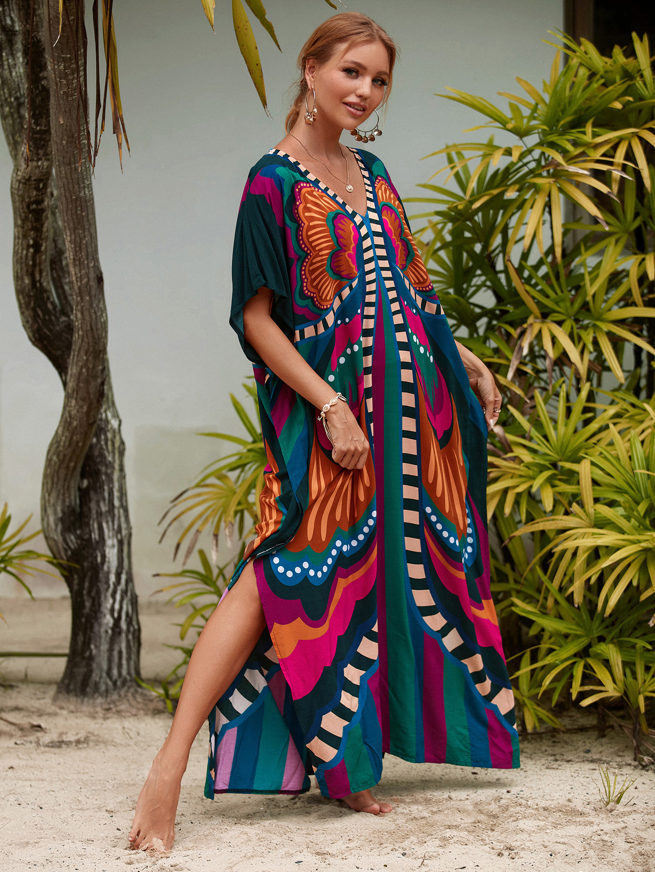 Robes caftan pour femmes col en V imprimé papillon grande taille manches chauve-souris caftans longue maillot de bain couvrir