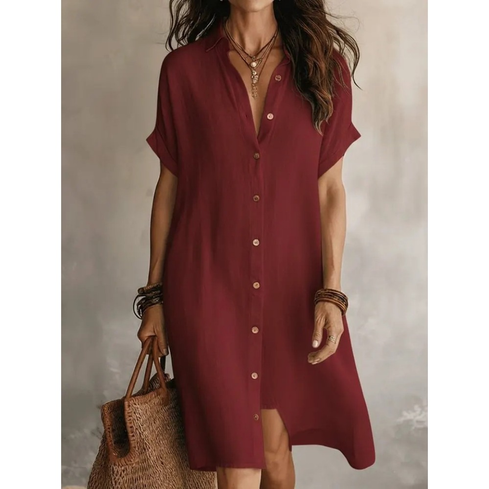 Robe chemise décontractée pour femme, manches courtes, boutonnée, mi-longue, couleur unie, élégante, coupe trapèze, plissée, pour le travail ou les loisirs