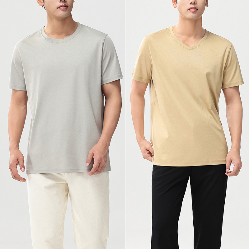 T-shirt col ras du cou en coton mercerisé pour hommes, tissu haut de gamme, manches courtes, sensation soyeuse, vêtements d'été, vacances, col en v