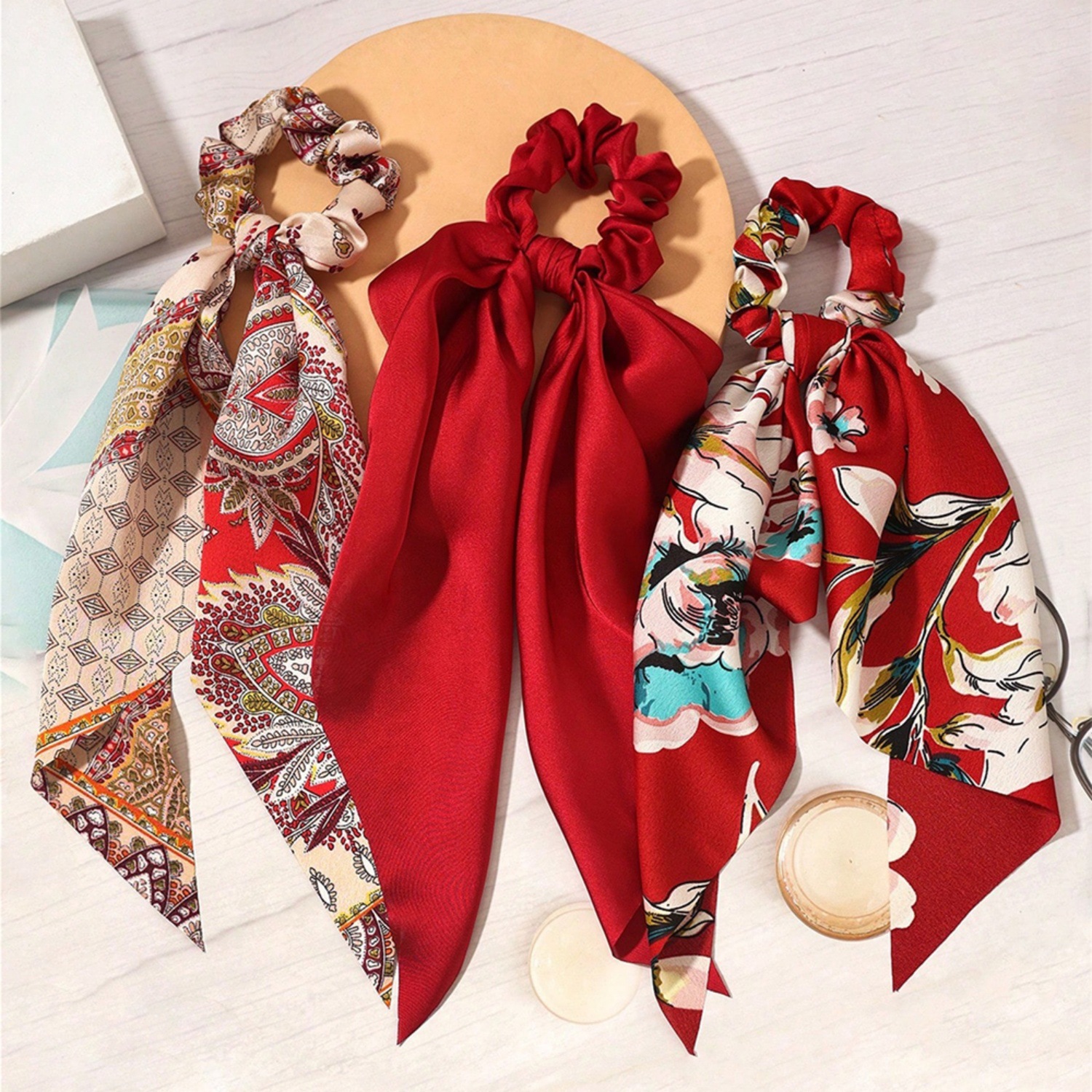 Chouchou en Satin à Long ruban avec nœud papillon, 3 pièces, écharpe lisse, bandeau pour cheveux pour femmes, accessoire pour cheveux queue de cheval