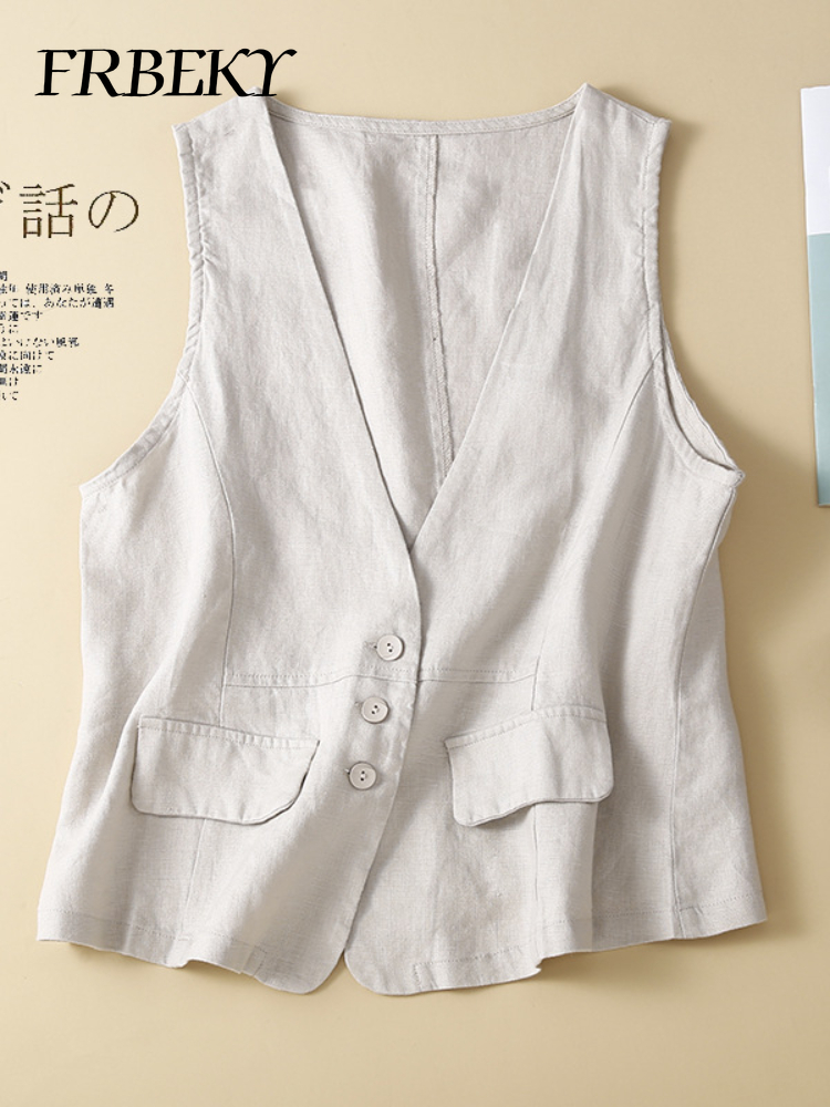 Glafor-Veste en Coton et Lin pour Femme, Streetwear observateur et Vintage, Col en V, Décontracté, FibrThin, Été